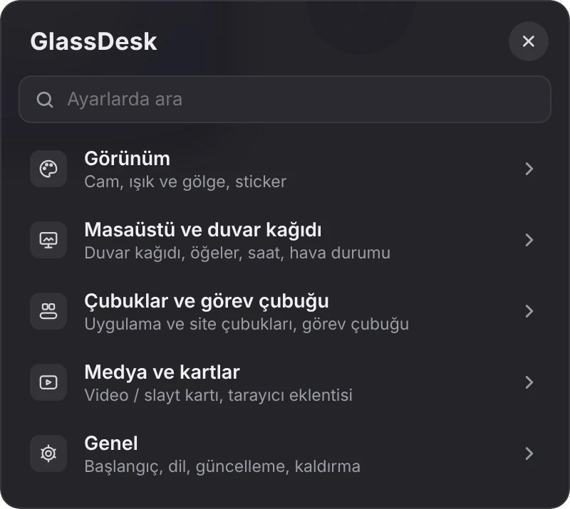 Glass Desky ayarları: arama kutusu ve beş başlık, Görünüm, Masaüstü ve duvar kağıdı, Çubuklar ve görev çubuğu, Medya ve kartlar, Genel